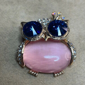 Pink Owl with Blue Eyes Brooch